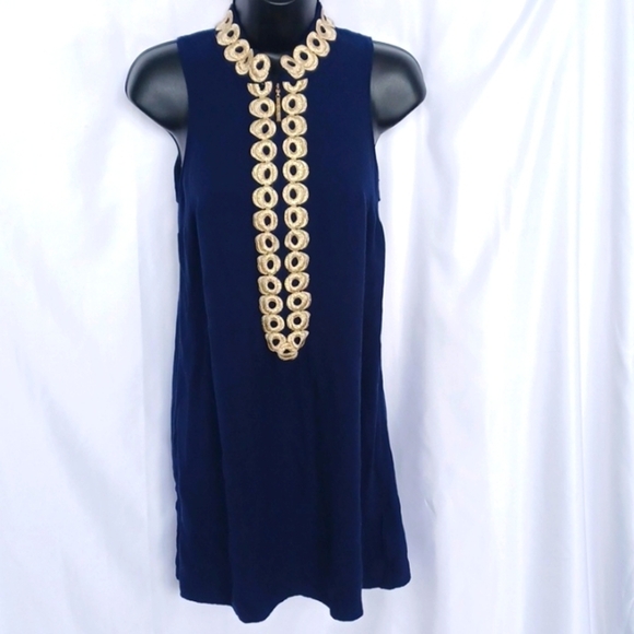 Lilly Pulitzer Dresses & Skirts - Lily Pulitzer Navy Mini Dress, Gold Trim, Sz 2, 18" PTP, 32" Long, Front Zip